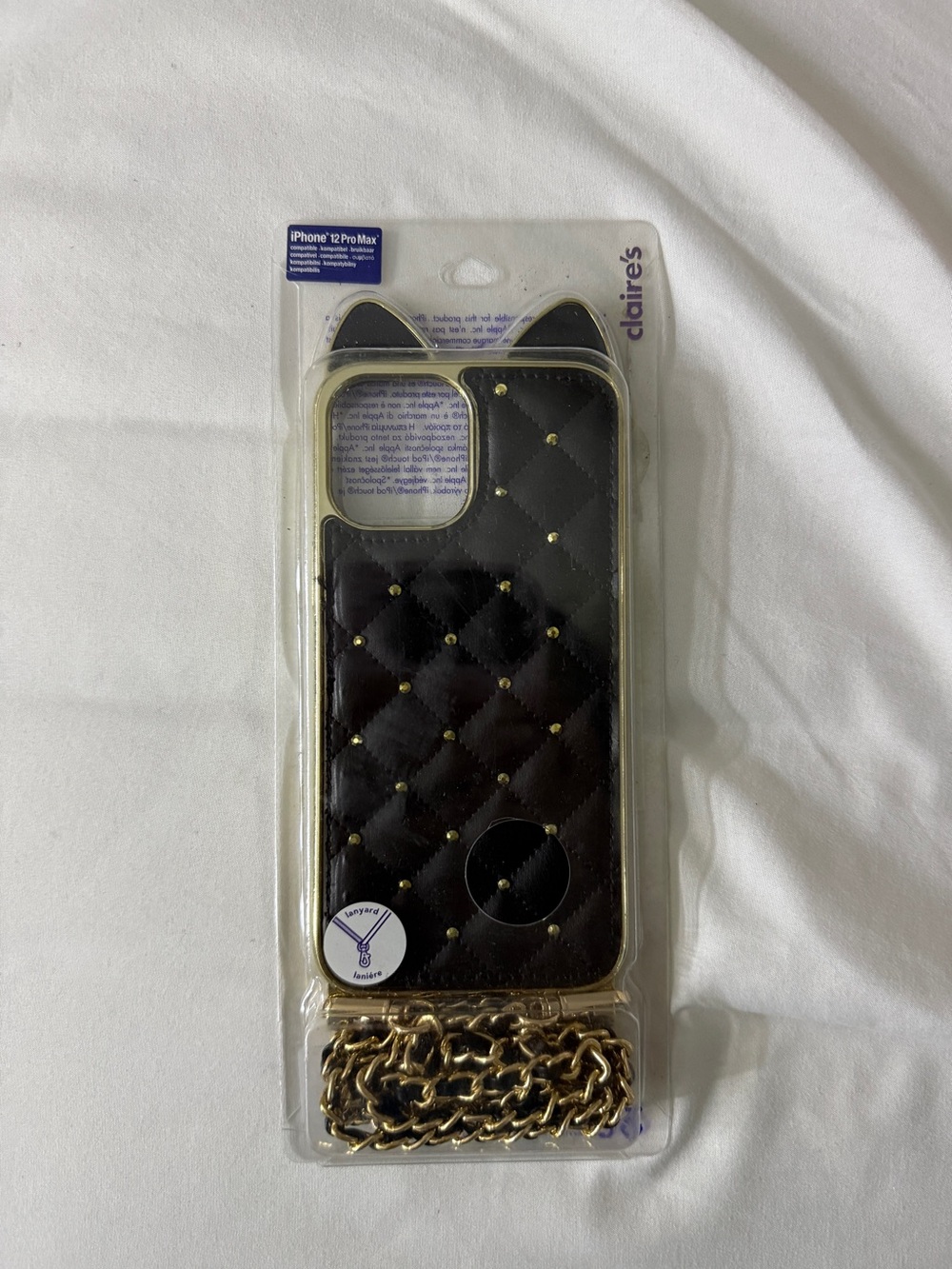 Claire's Black Quilted Cat Ear iPhone Case with lanyard Chain